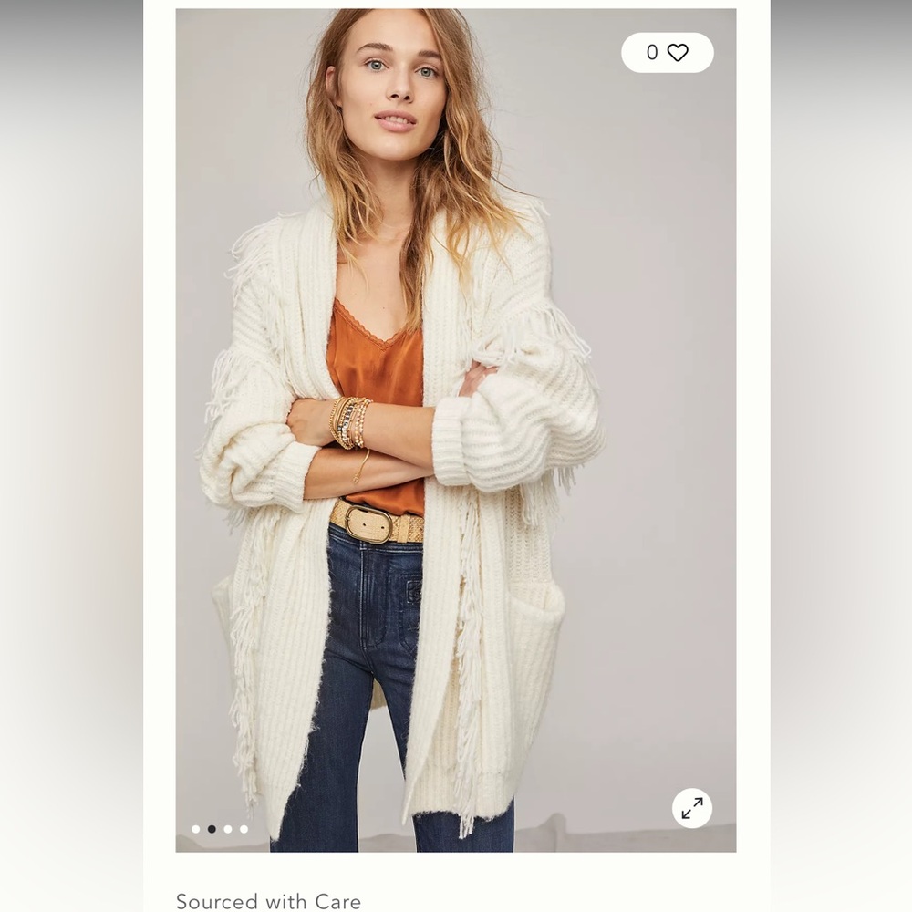 Anthropologie Ivory Fringe Cardigan Christy Dawn Doen Sweater